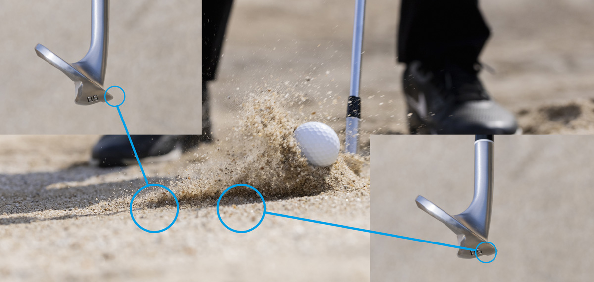 FR-3のWバウンス効果
フロント部
リーディングエッジから砂面を潜らせていく。フロント部のローバウンス効果でうまくヘッドを潜らせていきながら、バック部のハイバウンス効果へとアシストする。